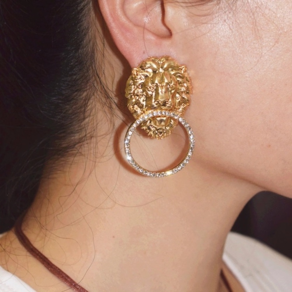 Lion Head Door Knocker Rhinestone Gold Earrings - Picture 2 of 4